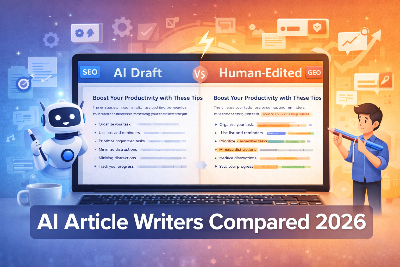 AI article writer comparison showing long form AI writer and SEO article generator tools producing human-like content (2026)